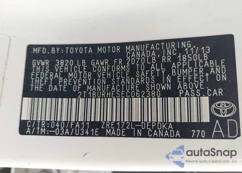 2014 Toyota Corolla L из США, поврежденный, VIN 2T1BURHE5EC062380